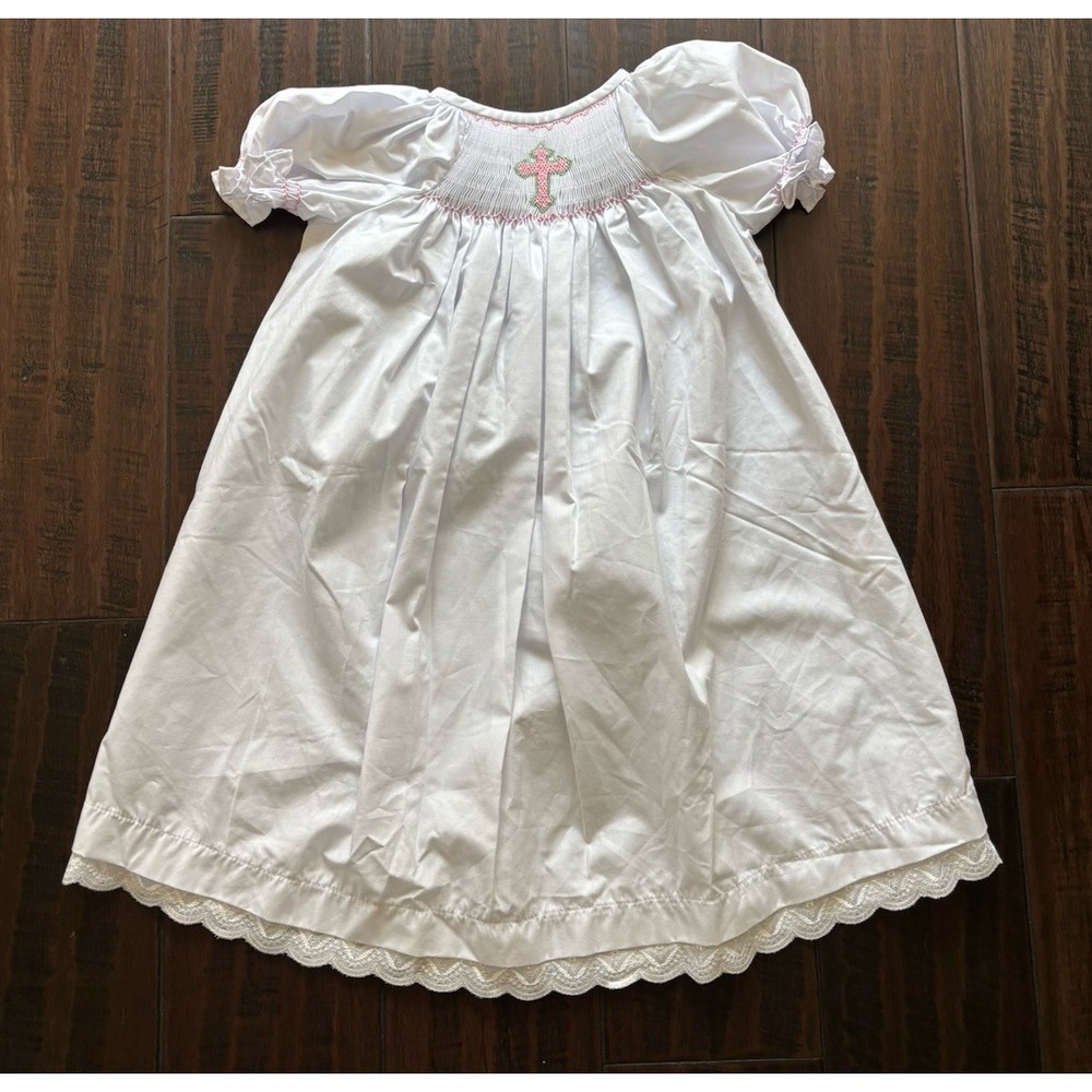 Lolly Wolly Doodle Dress Girls 18 Months White Baptism Cross Christian Smocked
